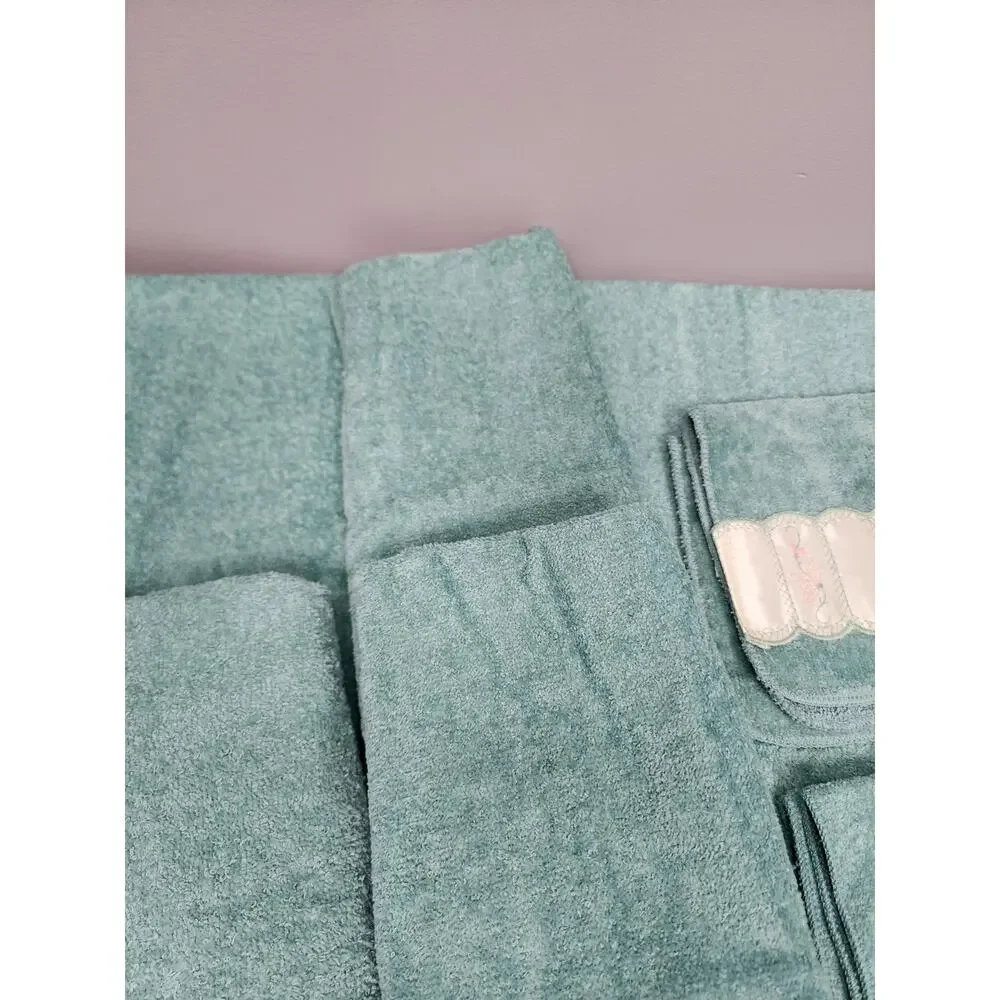 Vintage Towels Green With Cottage Lace Edge Farmhouse Country Set Of 6